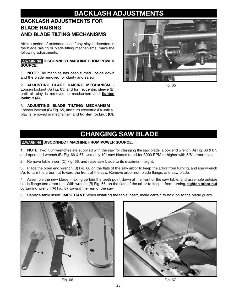 Changing saw blade, Backlash adjustments | Delta 36-465 User Manual | Page 25 / 36