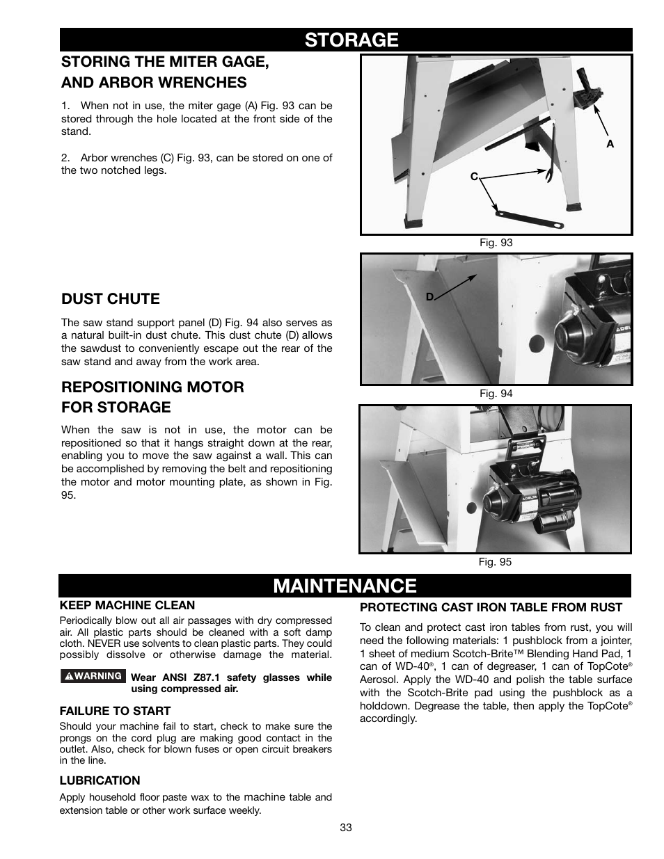 Maintenance, Storage, Storing the miter gage, and arbor wrenches | Dust chute, Repositioning motor for storage | Delta 36-465 User Manual | Page 33 / 36