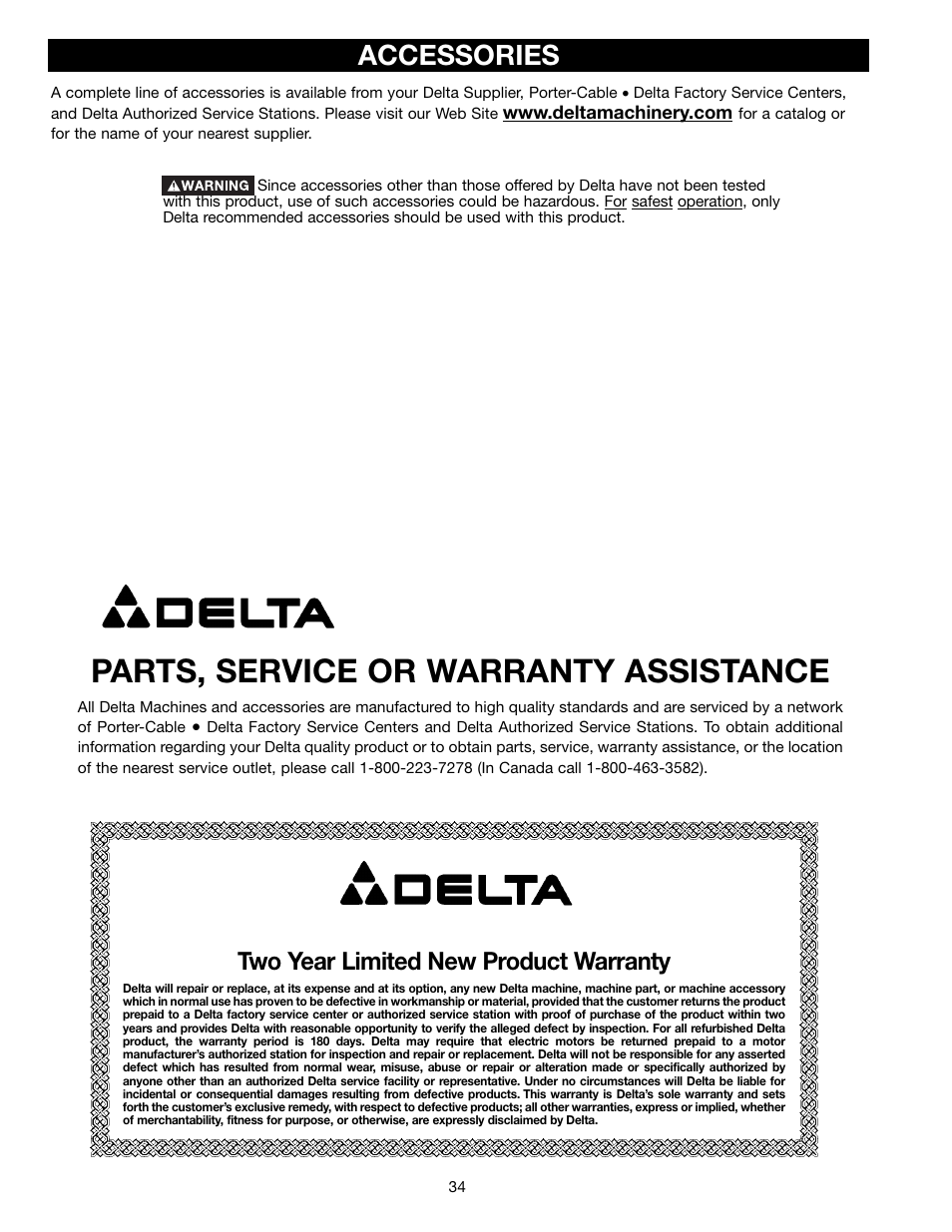 Parts, service or warranty assistance, Accessories, Two year limited new product warranty | Delta 36-465 User Manual | Page 34 / 36
