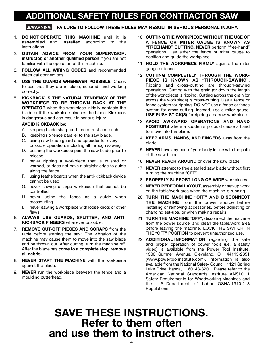 Additional safety rules for contractor saw | Delta 36-465 User Manual | Page 4 / 36