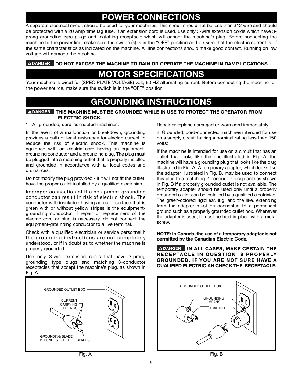 Power connections, Motor specifications grounding instructions | Delta 36-465 User Manual | Page 5 / 36