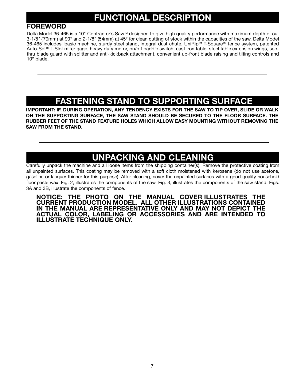 Functional description unpacking and cleaning, Fastening stand to supporting surface, Foreword | Delta 36-465 User Manual | Page 7 / 36