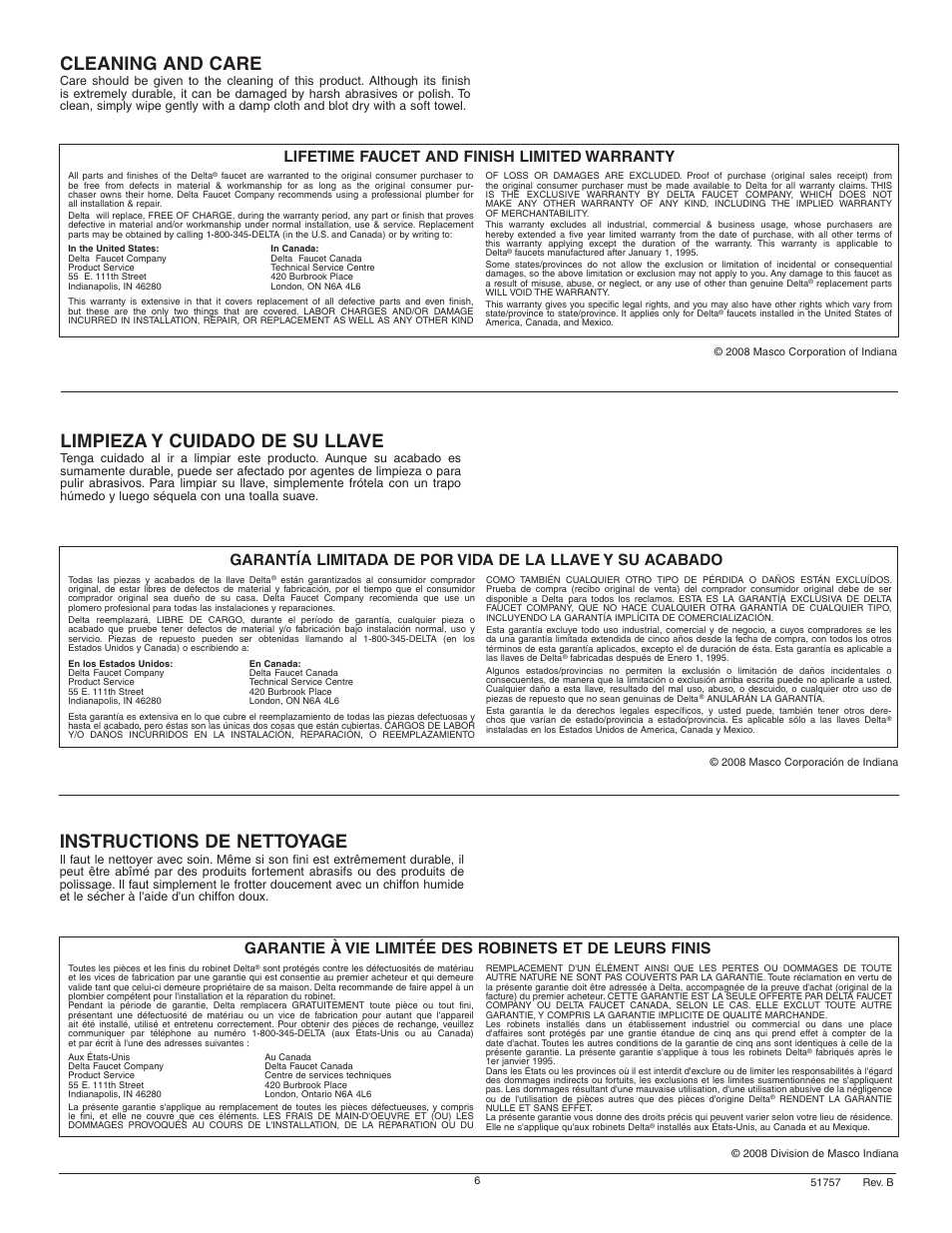 Cleaning and care, Instructions de nettoyage, Limpieza y cuidado de su llave | Lifetime faucet and finish limited warranty | Delta 25975 Series User Manual | Page 6 / 6