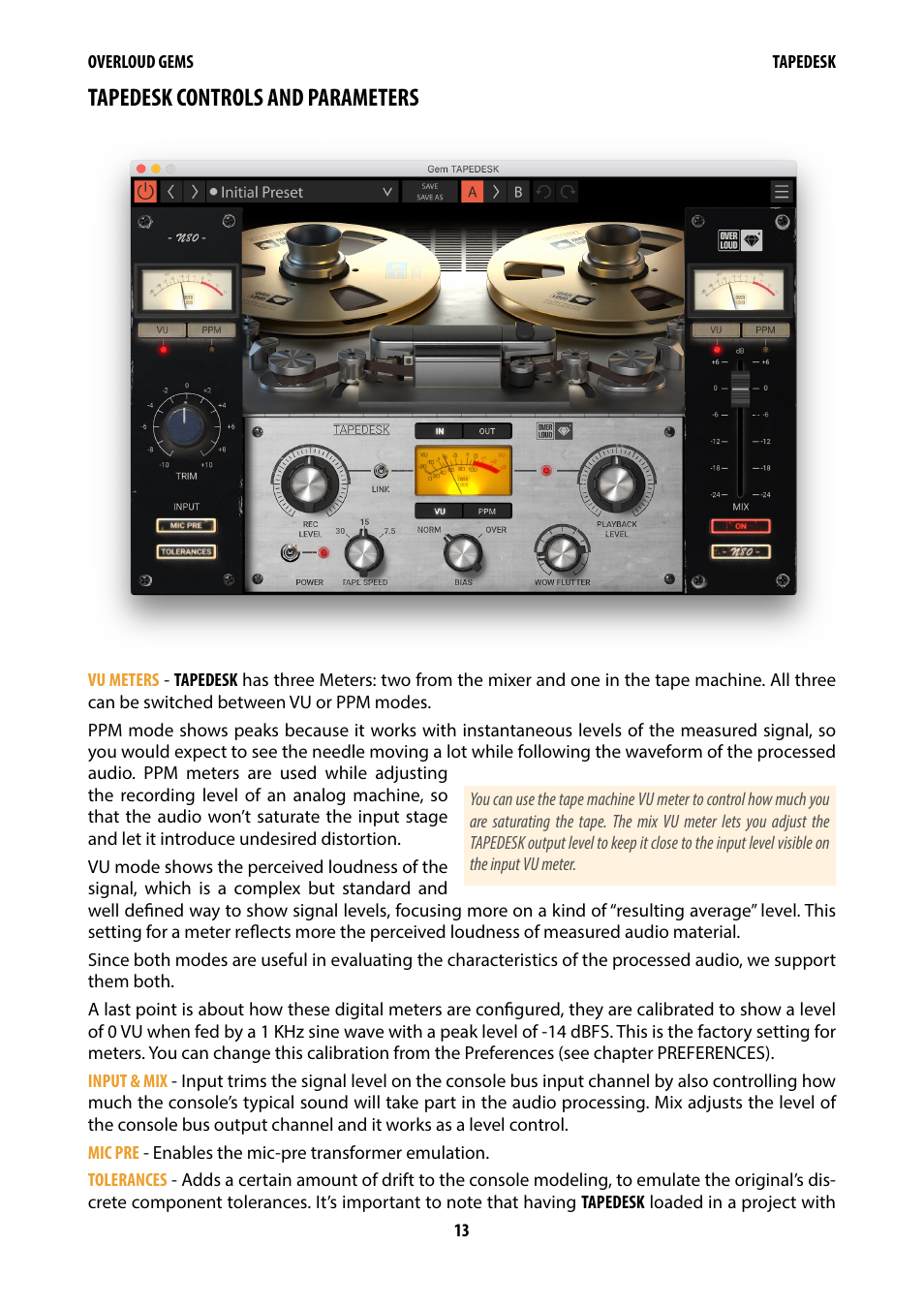 Tapedesk controls and parameters | Overloud Gem Comp76 FET Compressor and Limiter Plug-In User Manual | Page 15 / 55