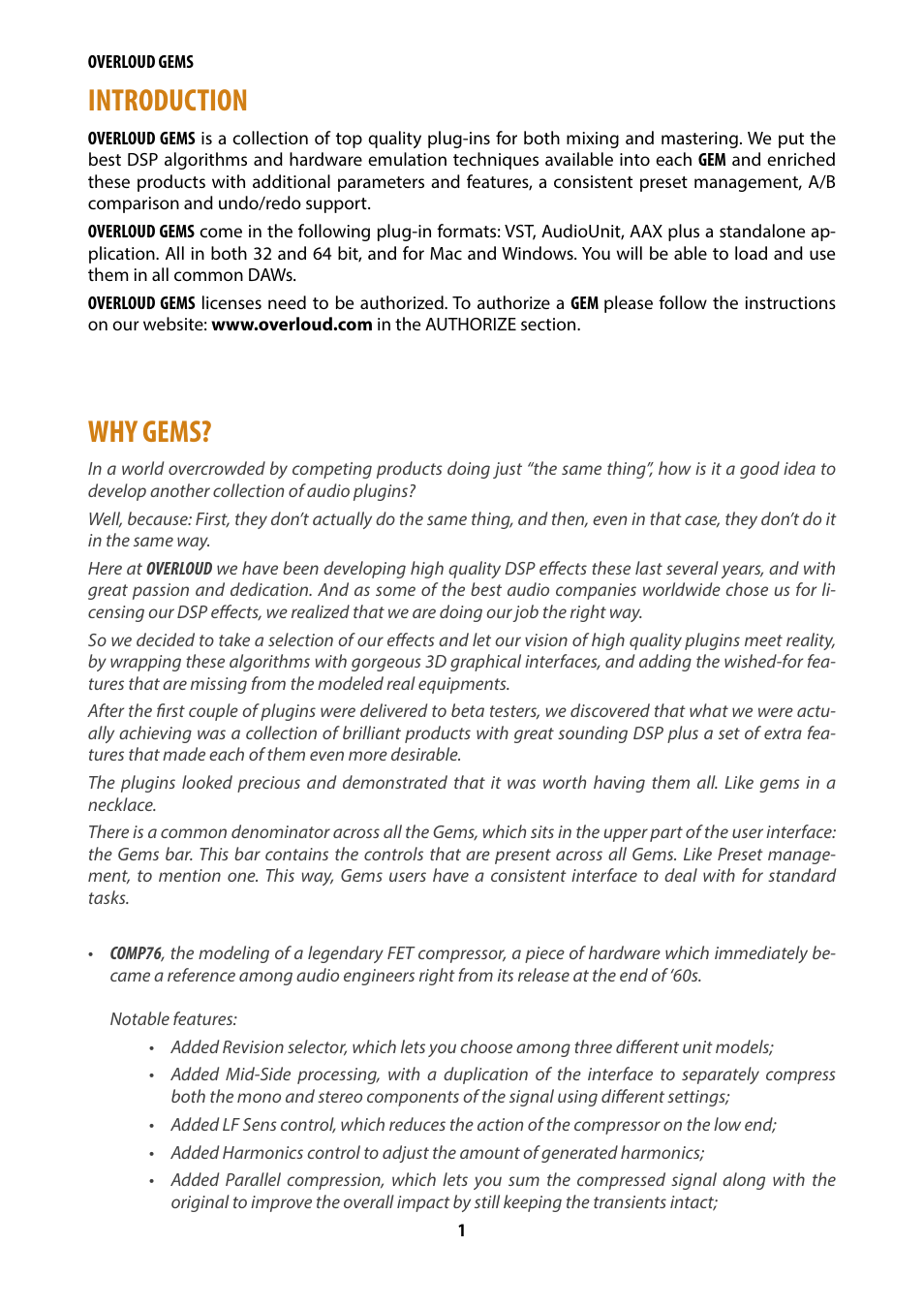 Introduction, Why gems | Overloud Gem Comp76 FET Compressor and Limiter Plug-In User Manual | Page 3 / 55