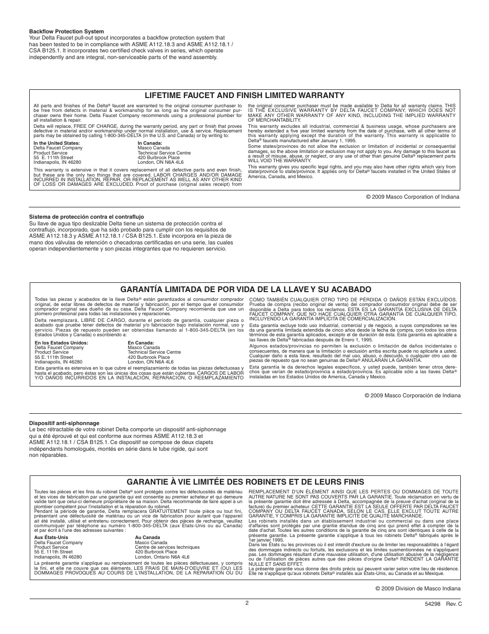 Lifetime faucet and finish limited warranty | Delta 472-DST User Manual | Page 2 / 12