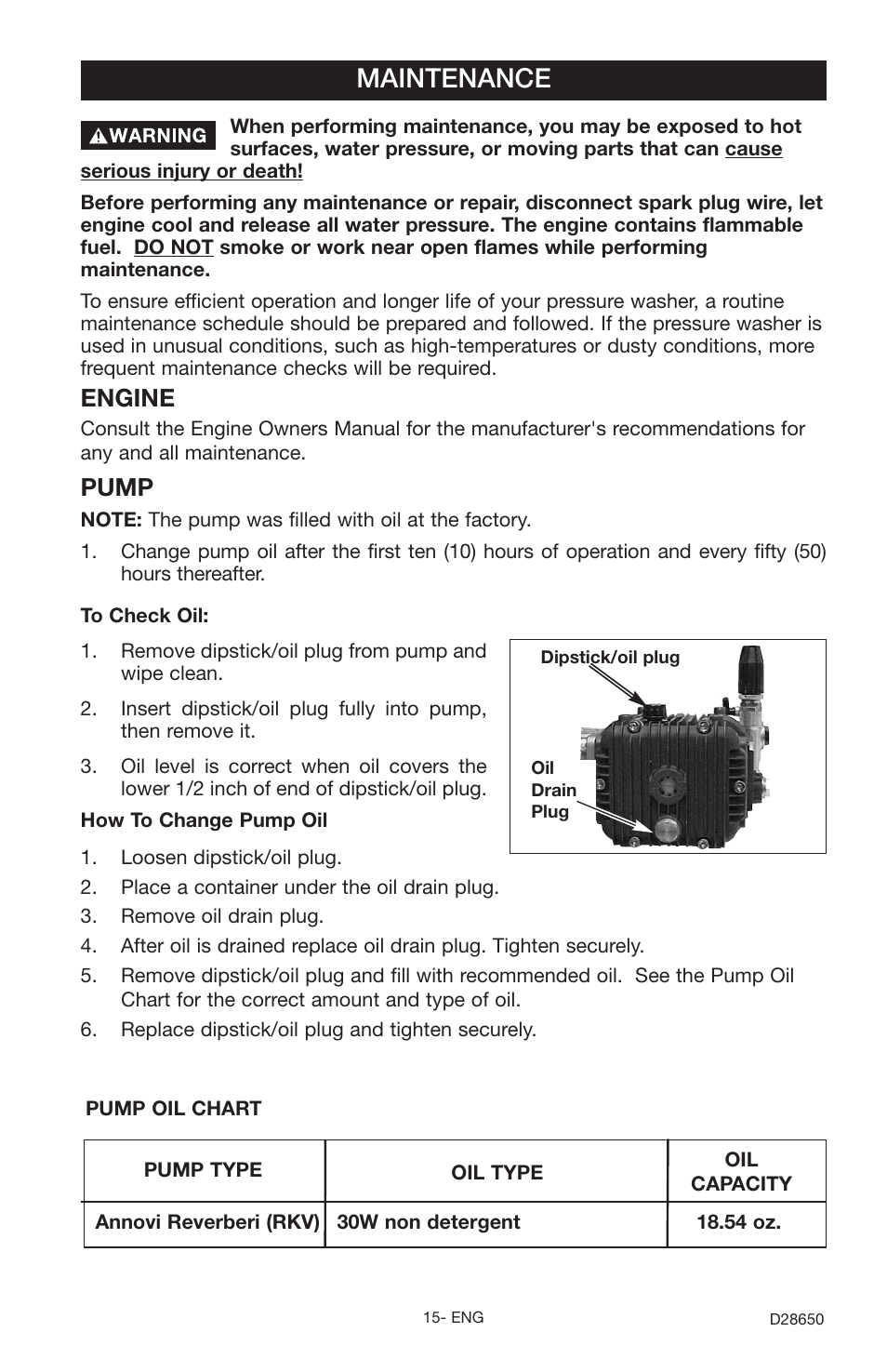 Maintenance, Engine, Pump | Delta D28650 User Manual | Page 15 / 64