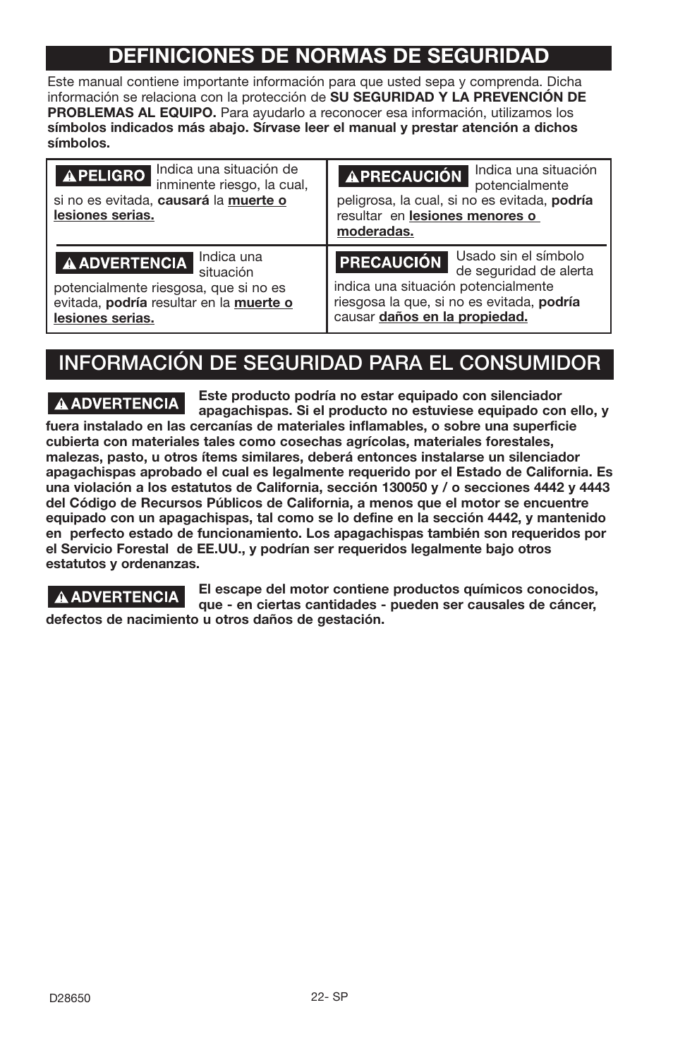 Información de seguridad para el consumidor, Definiciones de normas de seguridad | Delta D28650 User Manual | Page 22 / 64