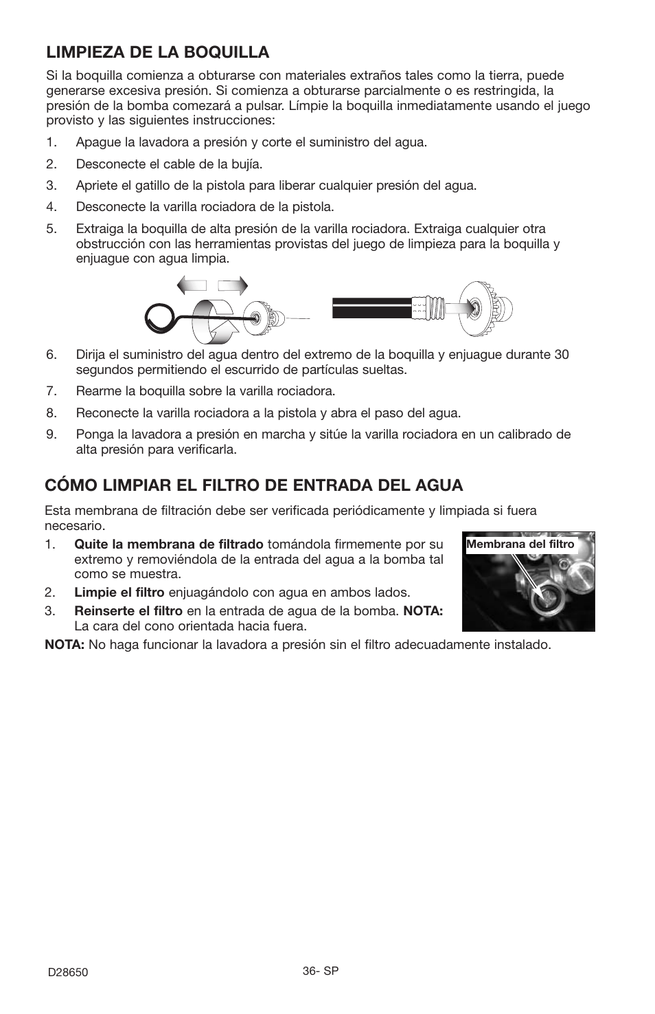 Limpieza de la boquilla, Cómo limpiar el filtro de entrada del agua | Delta D28650 User Manual | Page 36 / 64