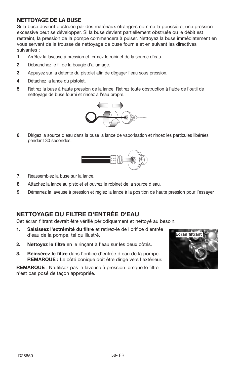 Nettoyage de la buse, Nettoyage du filtre d'entrée d'eau | Delta D28650 User Manual | Page 58 / 64