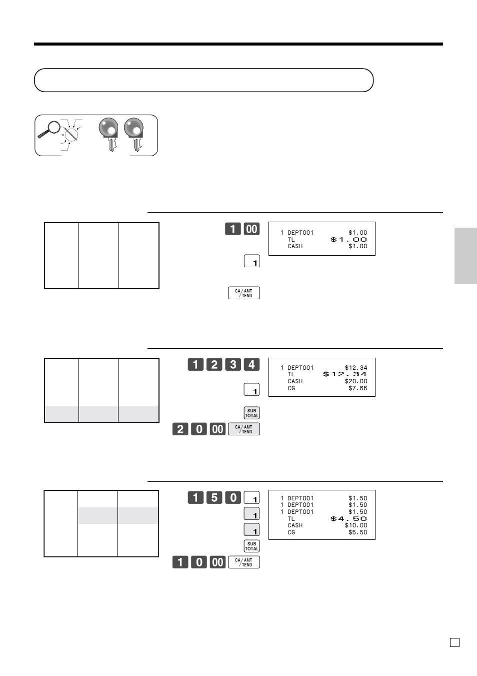 Preparing and using department keys, Basic operations and setups, Registering department keys | Single item sale, Repeat | Casio PCR-T470 User Manual | Page 29 / 96