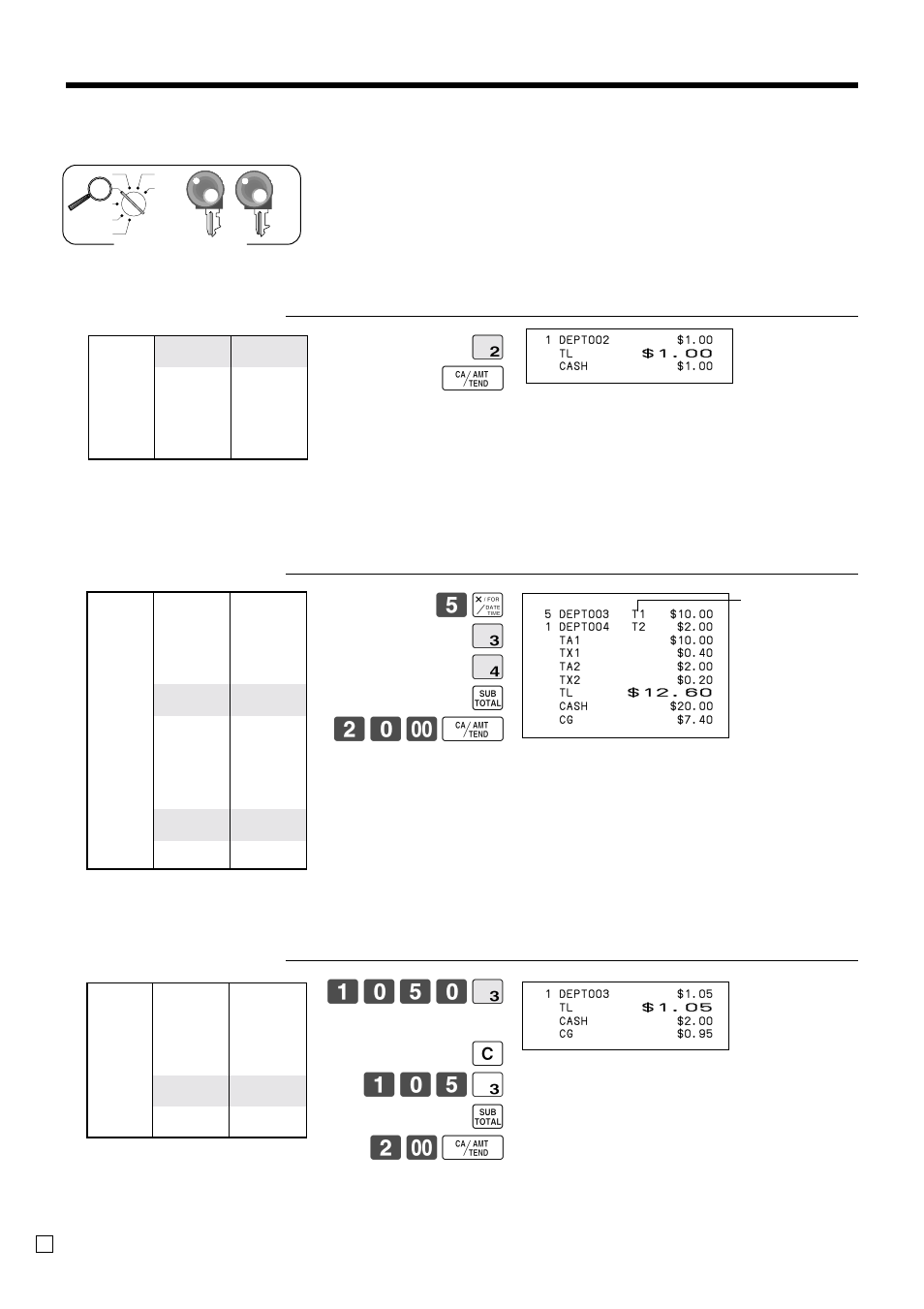 Basic operations and setups, Registering department keys by programming data, 5x # $ s 20- f | Preset price, Preset tax status, Locking out high amount limitation | Casio PCR-T470 User Manual | Page 32 / 96