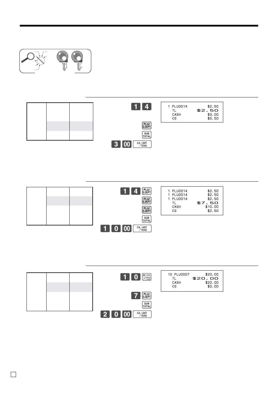 Basic operations and setups, Registering plus, 14 * s 3- f | 14 * * * s 10- f, Plu single item sale, Plu repeat, Plu multiplication | Casio PCR-T470 User Manual | Page 34 / 96