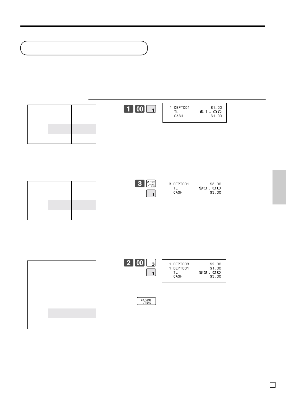 Single item cash sales, Ad v anced operations and setups, # ! f | Casio PCR-T470 User Manual | Page 47 / 96