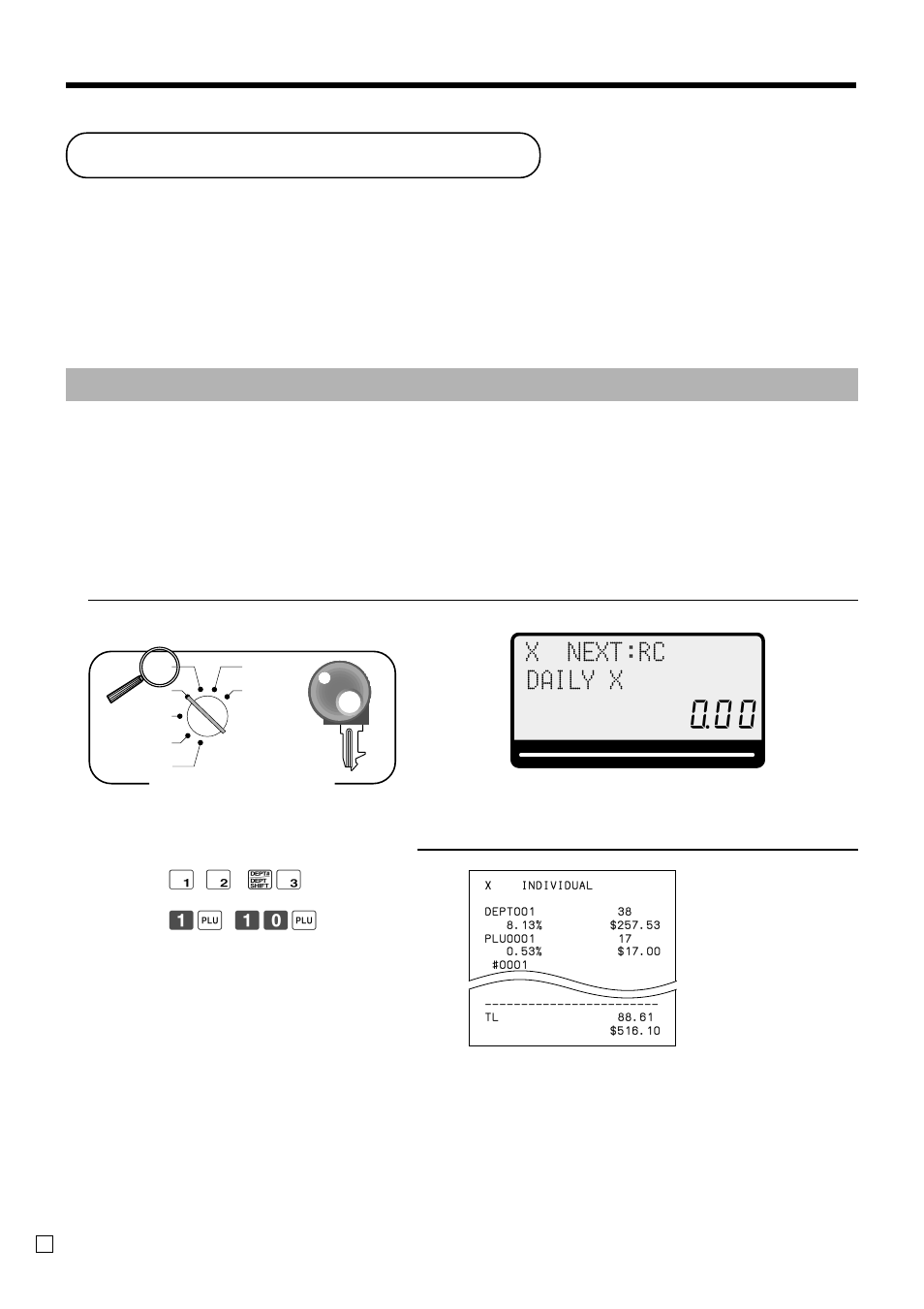 Printing read/reset reports, Advanced operations and setups, X next:rc daily x | Daily sales read report (“x” mode), Daily sales reset report (“z” mode) | Casio PCR-T470 User Manual | Page 74 / 96