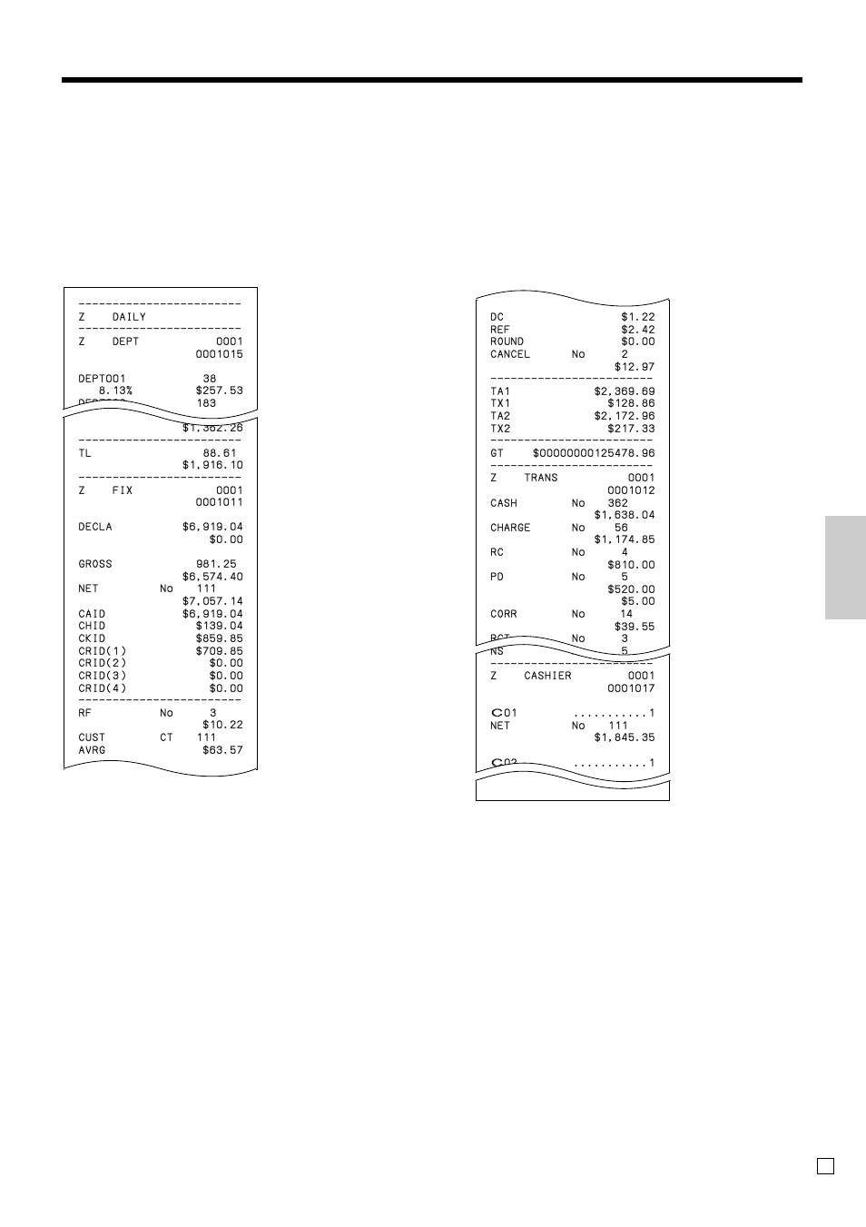 Ad v anced operations and setups, Read / reset report sample, Daily report | These items can be skipped by programming | Casio PCR-T470 User Manual | Page 77 / 96