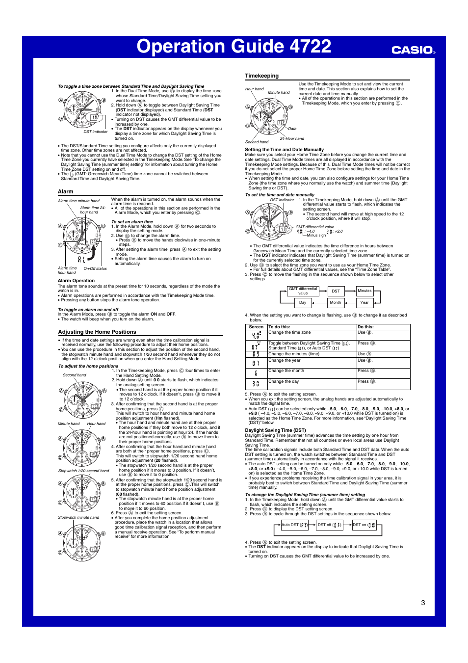 Alarm, Adjusting the home positions, Timekeeping | Operation guide 4722 | Casio Operation Guide 4722 User Manual | Page 3 / 4