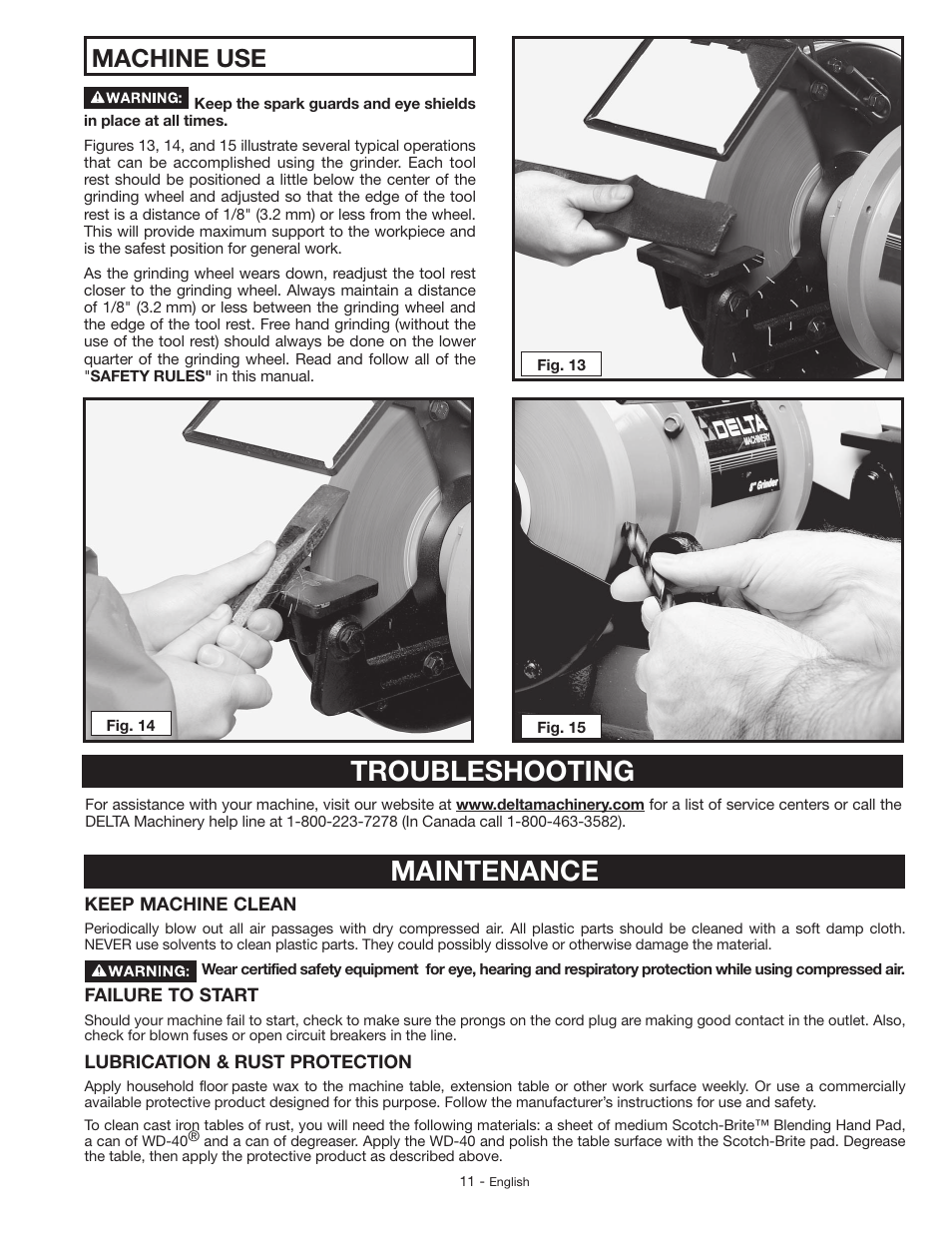 Troubleshooting, Maintenance, Machine use | Delta GR150 User Manual | Page 11 / 36