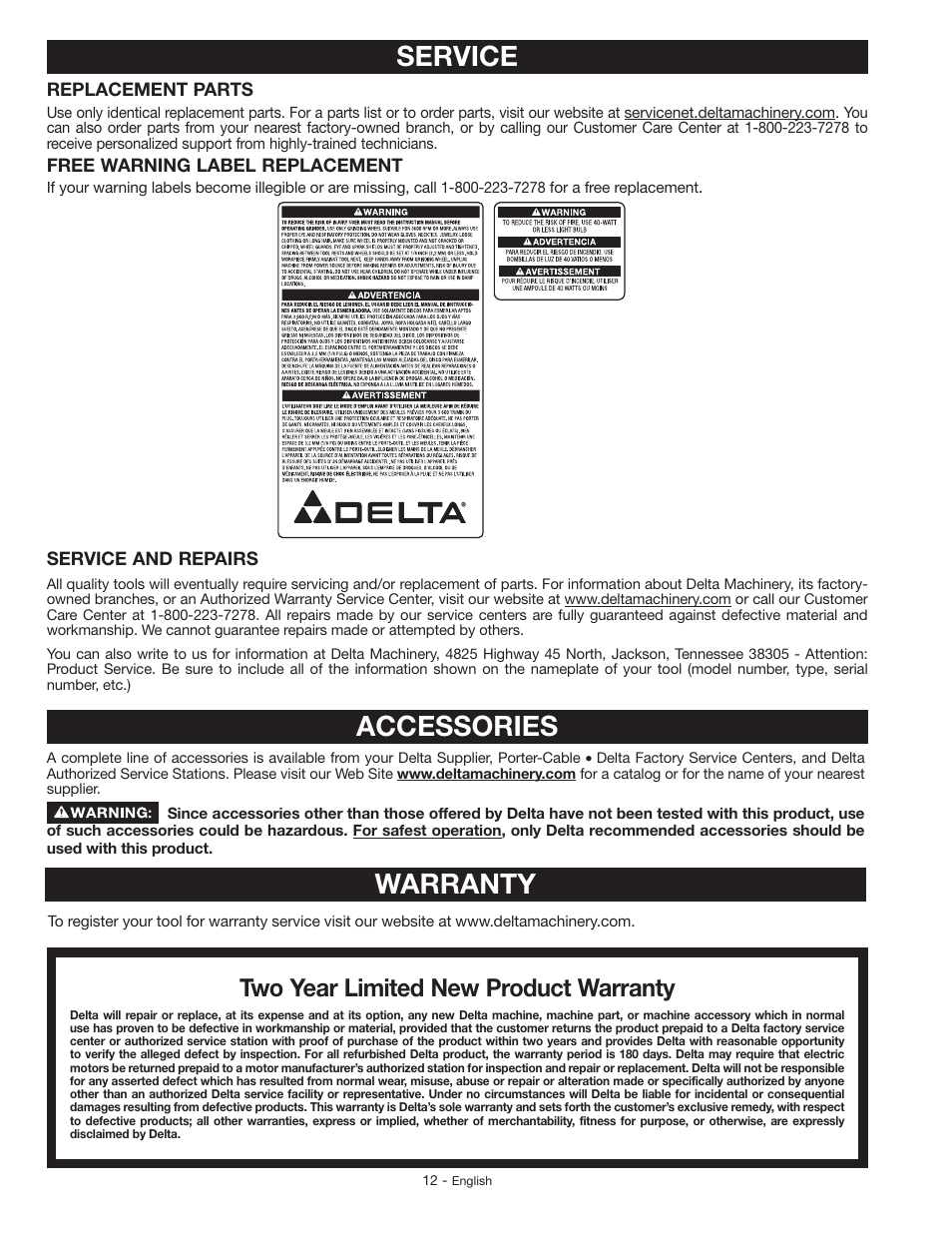 Accessories, Service warranty, Two year limited new product warranty | Delta GR150 User Manual | Page 12 / 36