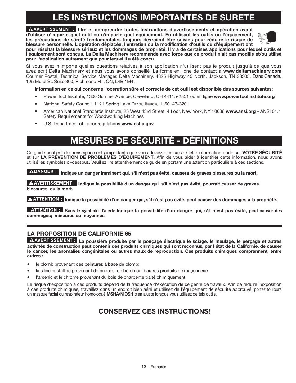 Mesures de sécurité - définitions, Les instructions importantes de surete, Conservez ces instructions | Delta GR150 User Manual | Page 13 / 36