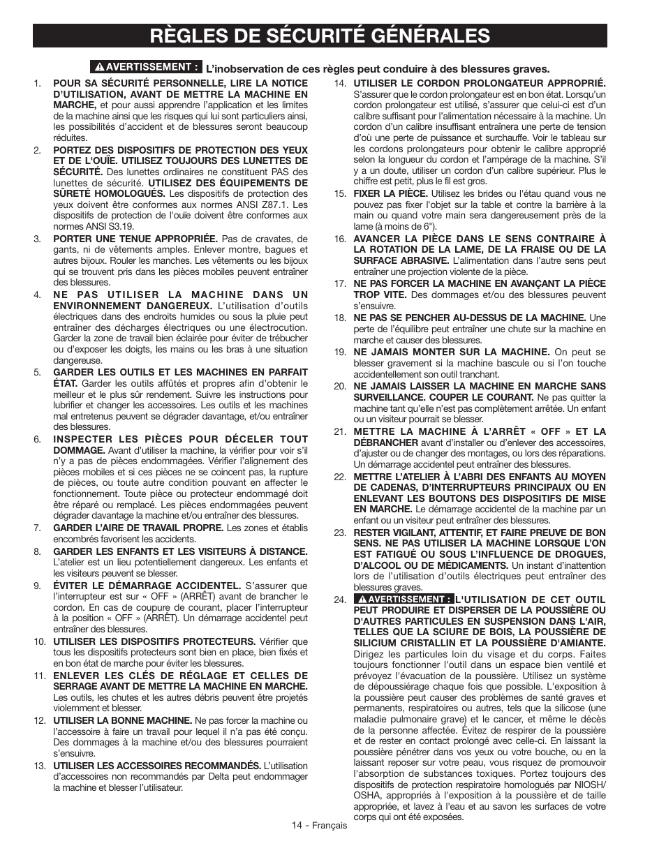 Règles de sécurité générales | Delta GR150 User Manual | Page 14 / 36