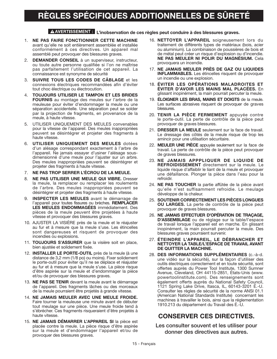 Règles spécifiques additionnelles de sûreté, Conserver ces directives | Delta GR150 User Manual | Page 15 / 36
