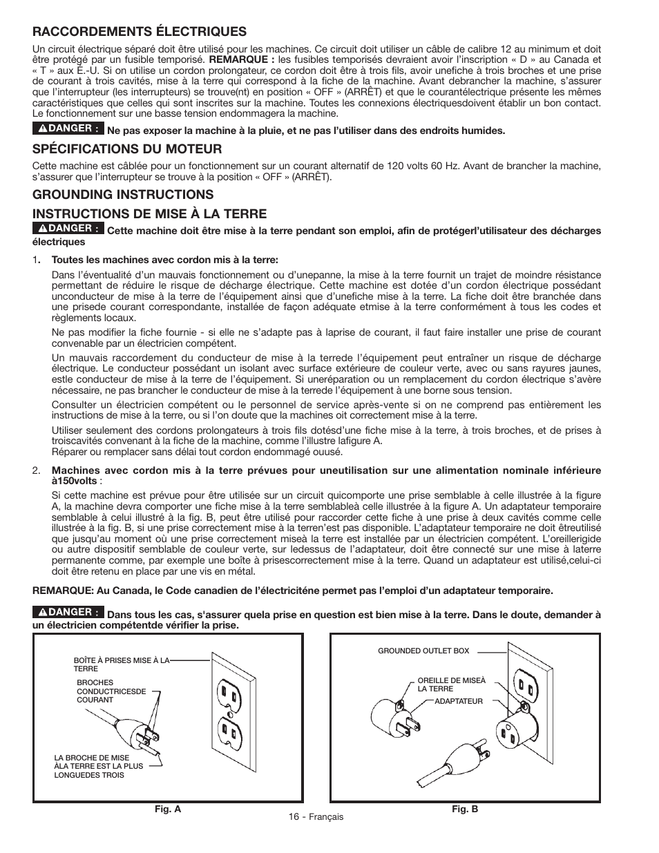 Raccordements électriques, Spécifications du moteur | Delta GR150 User Manual | Page 16 / 36