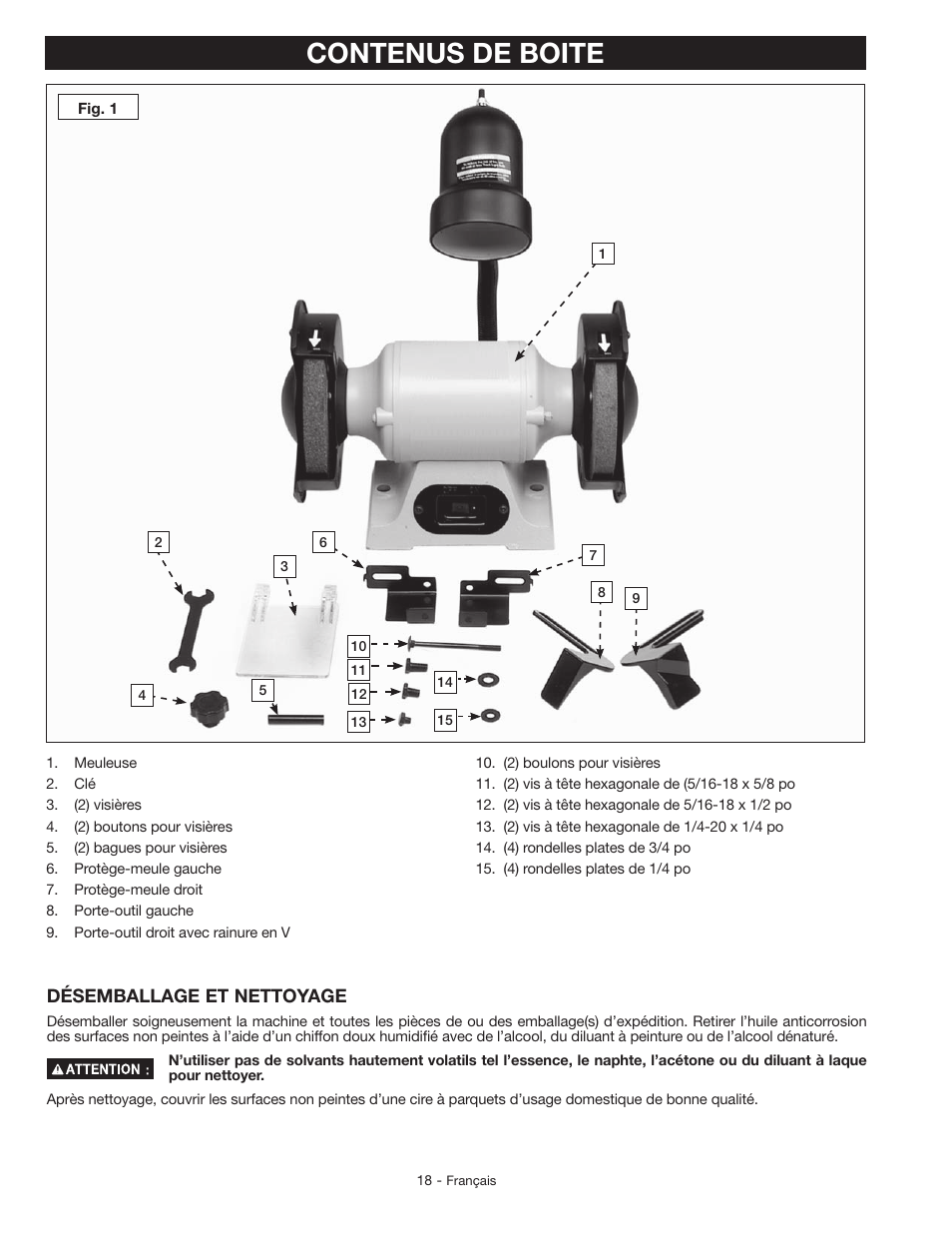 Contenus de boite, Désemballage et nettoyage | Delta GR150 User Manual | Page 18 / 36