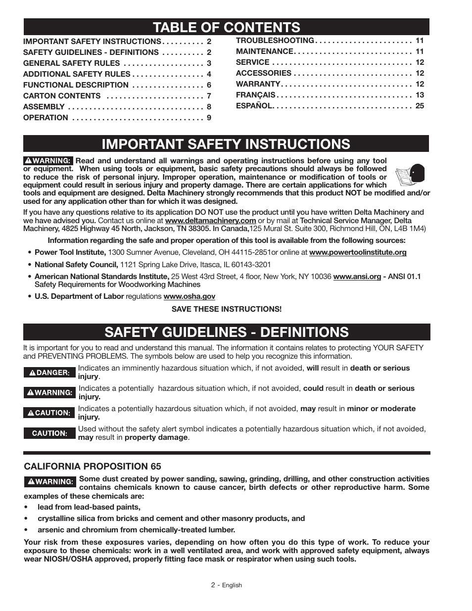 Table of contents important safety instructions, Safety guidelines - definitions | Delta GR150 User Manual | Page 2 / 36