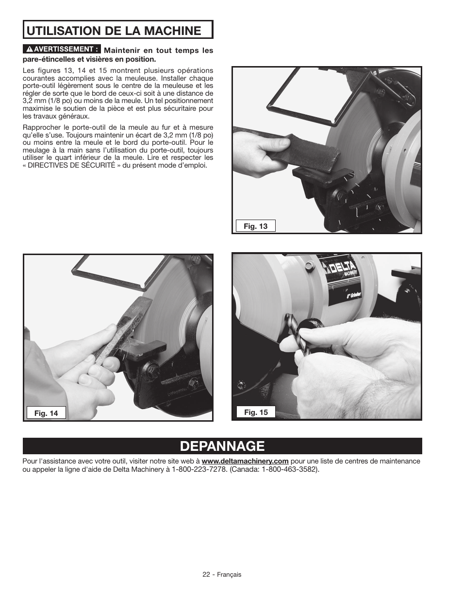 Depannage, Utilisation de la machine | Delta GR150 User Manual | Page 22 / 36