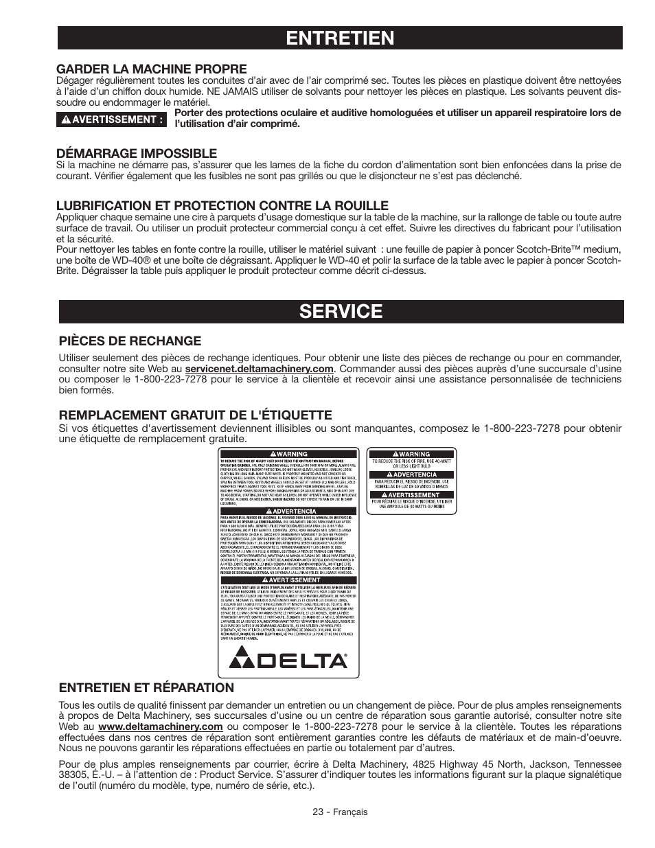 Entretien, Service | Delta GR150 User Manual | Page 23 / 36