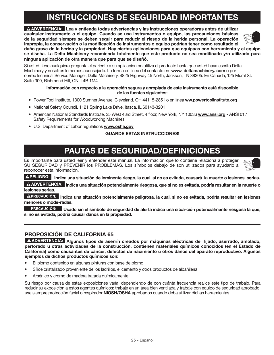 Instrucciones de seguridad importantes, Pautas de seguridad/definiciones | Delta GR150 User Manual | Page 25 / 36