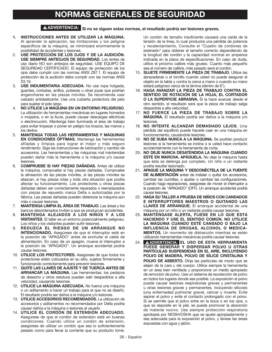 Normas generales de seguridad | Delta GR150 User Manual | Page 26 / 36