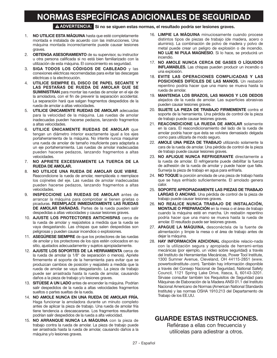Normas específicas adicionales de seguridad, Guarde estas instrucciones | Delta GR150 User Manual | Page 27 / 36