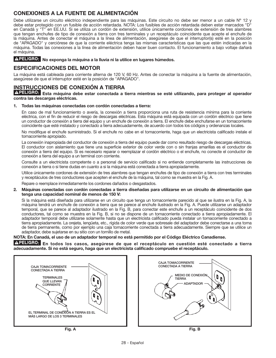 Conexiones a la fuente de alimentación, Especificaciones del motor, Instrucciones de conexión a tierra | Delta GR150 User Manual | Page 28 / 36