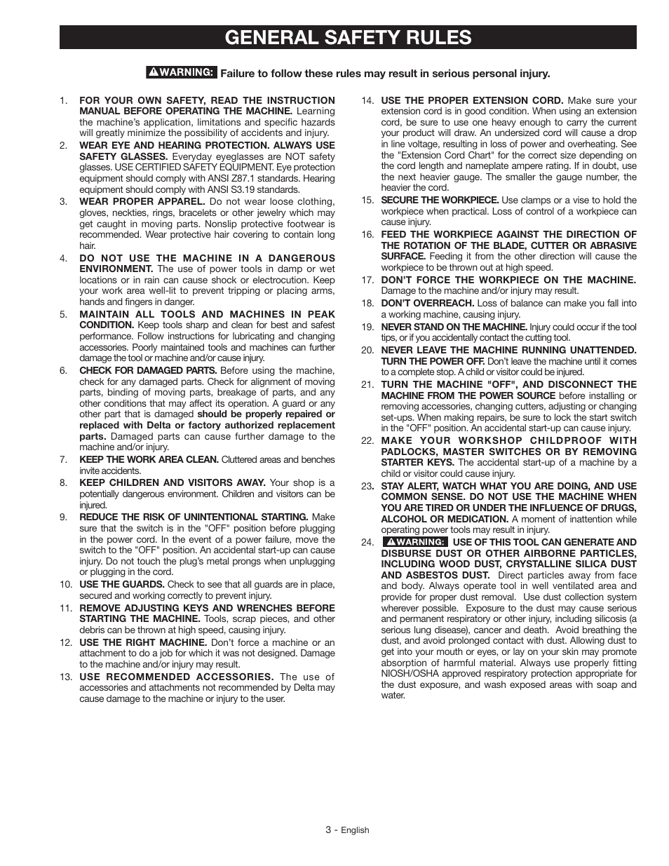 General safety rules | Delta GR150 User Manual | Page 3 / 36