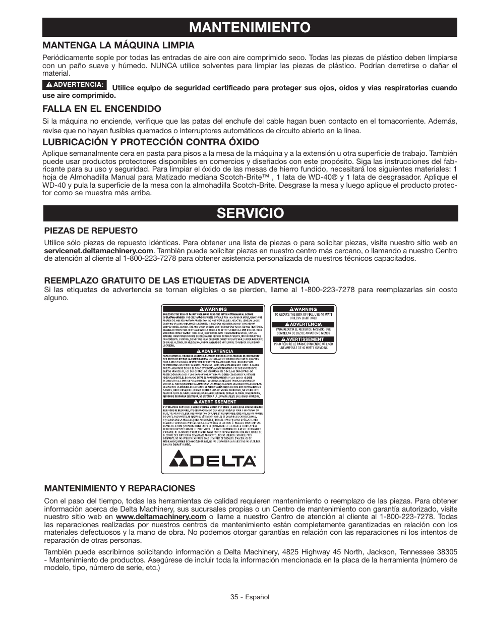 Mantenimiento, Servicio | Delta GR150 User Manual | Page 35 / 36