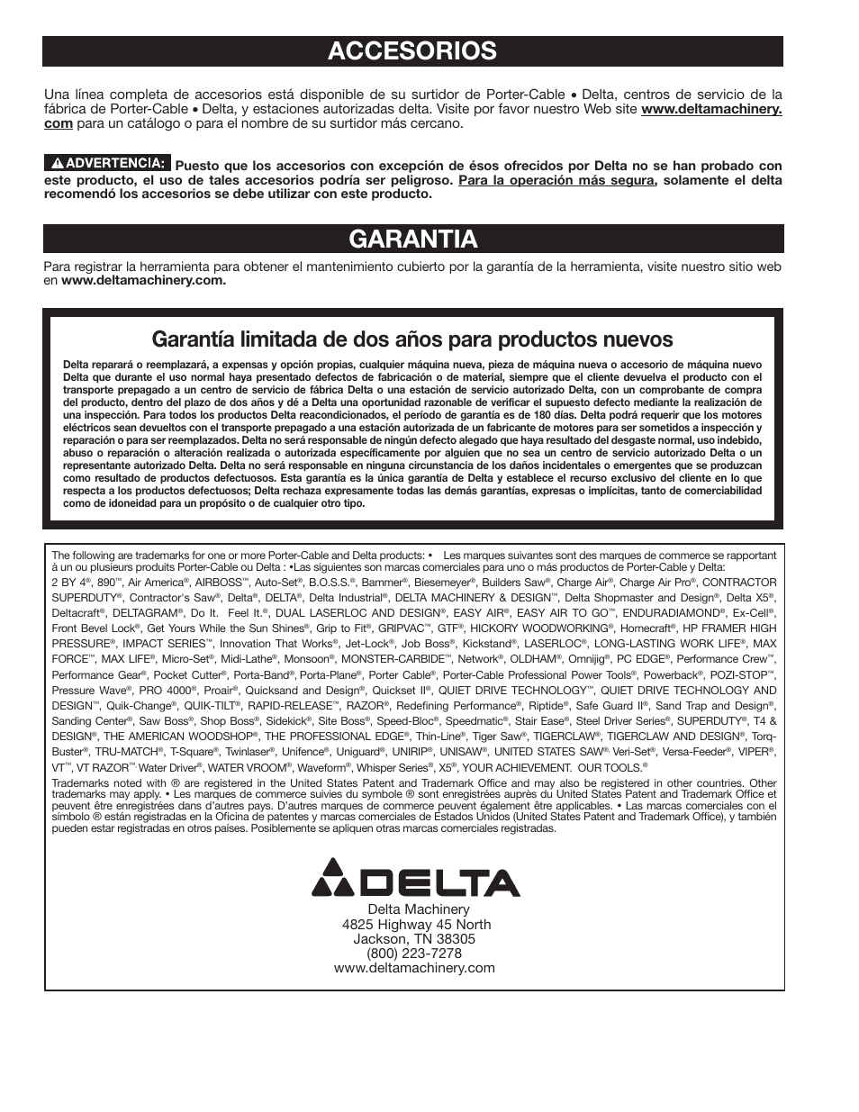 Garantia, Accesorios | Delta GR150 User Manual | Page 36 / 36