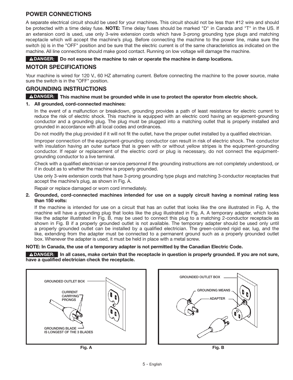 Power connections, Motor specifications, Grounding instructions | Delta GR150 User Manual | Page 5 / 36