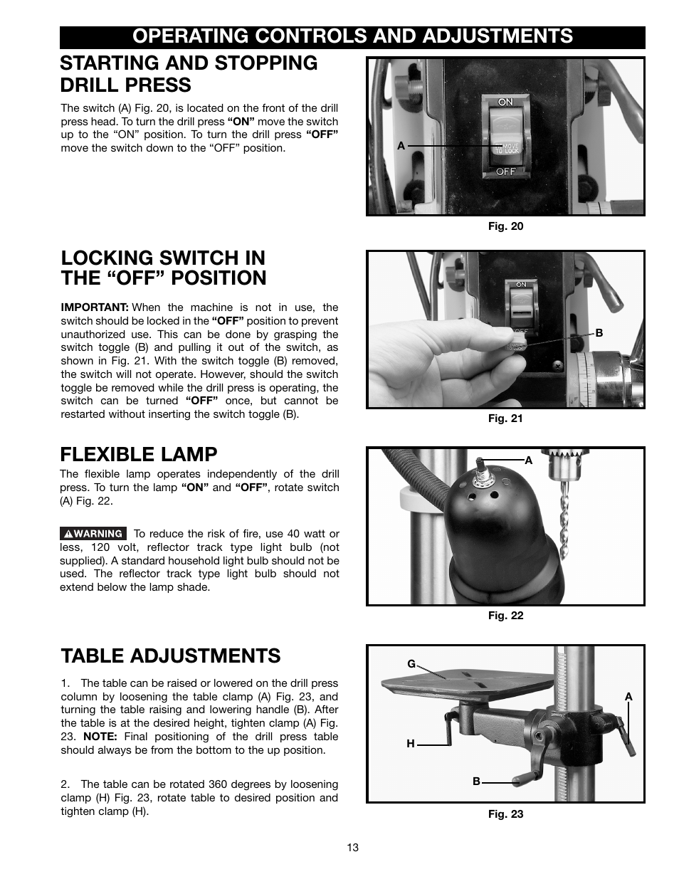 Locking switch in the “off” position, Flexible lamp, Table adjustments | Delta DP400 User Manual | Page 13 / 21