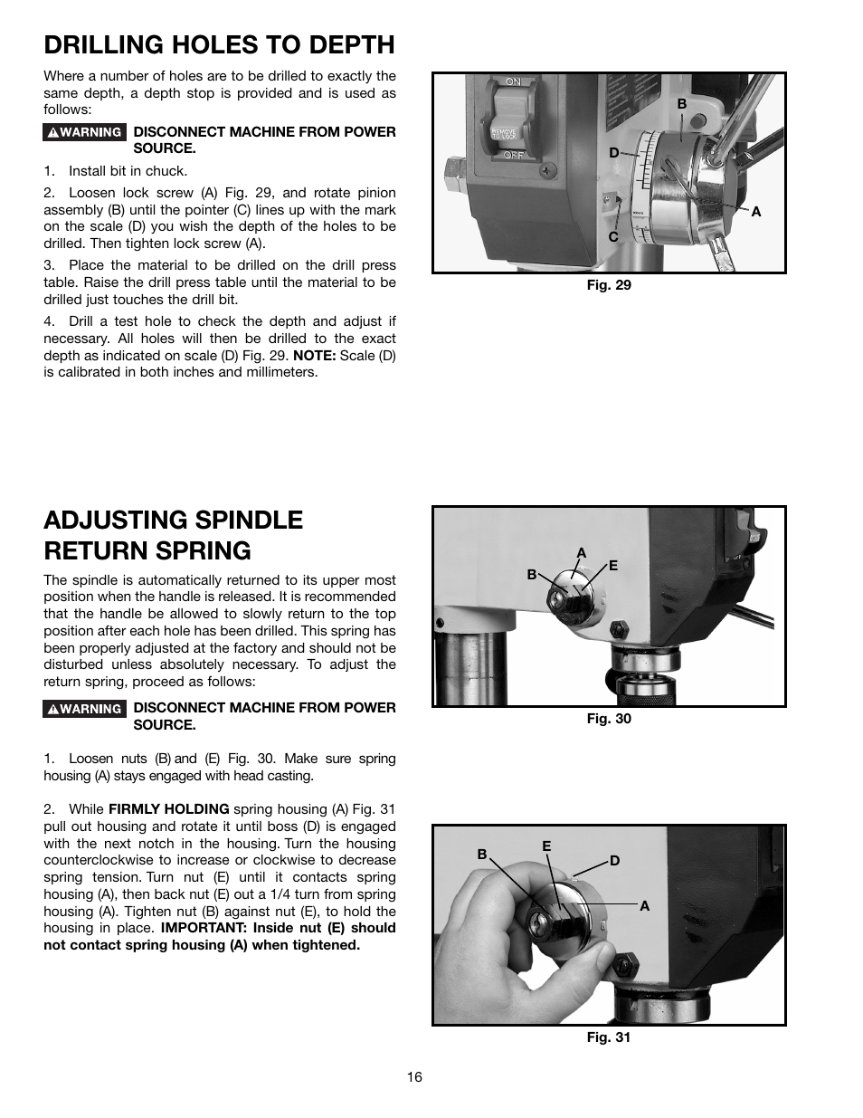 Drilling holes to depth, Adjusting spindle return spring | Delta DP400 User Manual | Page 16 / 21