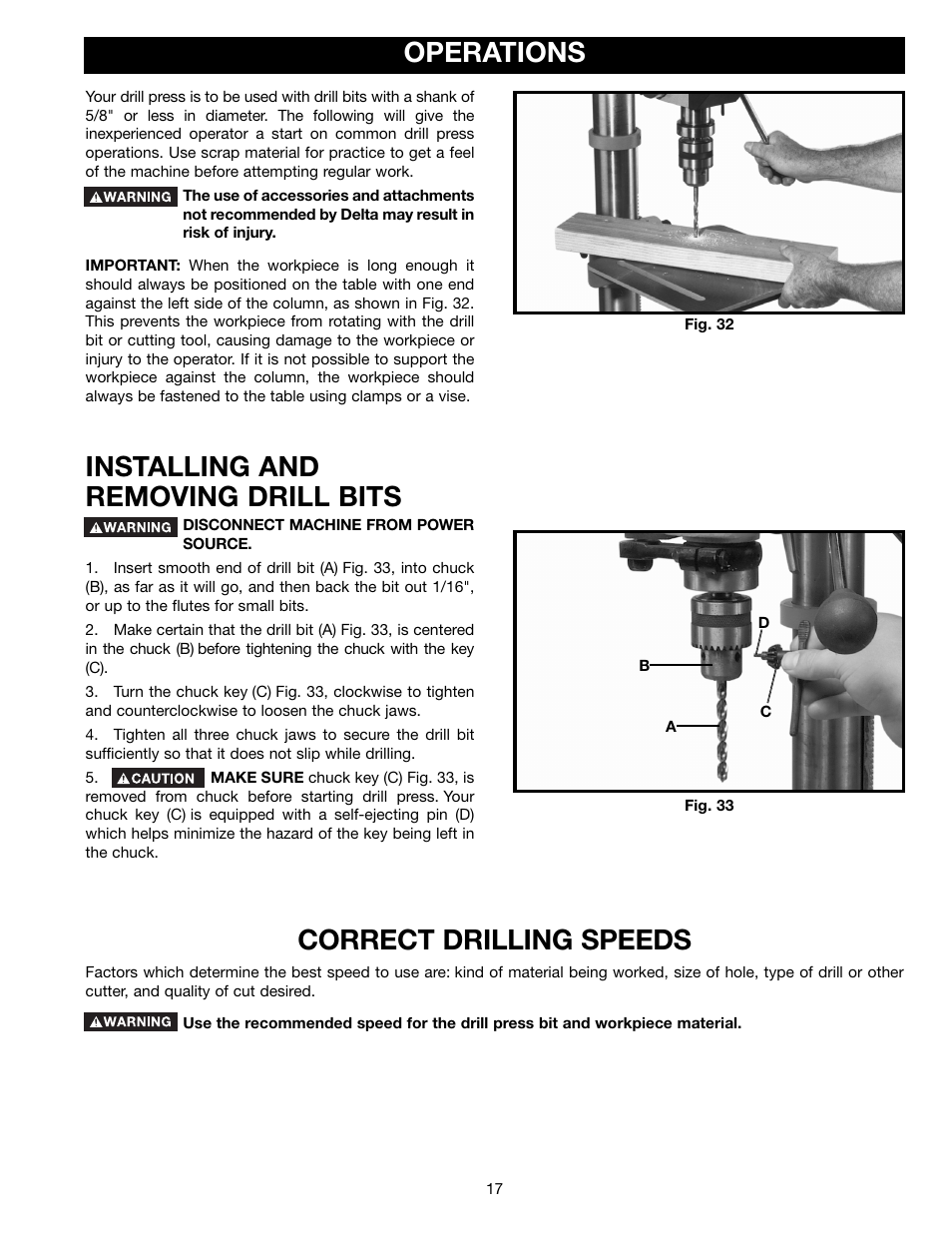 Operations, Installing and removing drill bits, Correct drilling speeds | Delta DP400 User Manual | Page 17 / 21