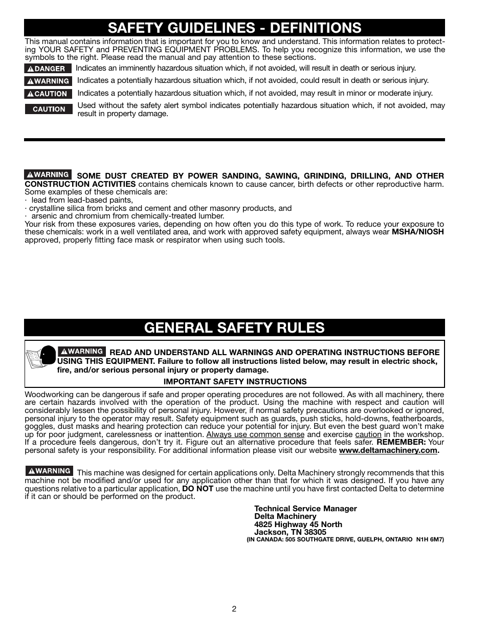 Safety guidelines - definitions, General safety rules | Delta DP400 User Manual | Page 2 / 21