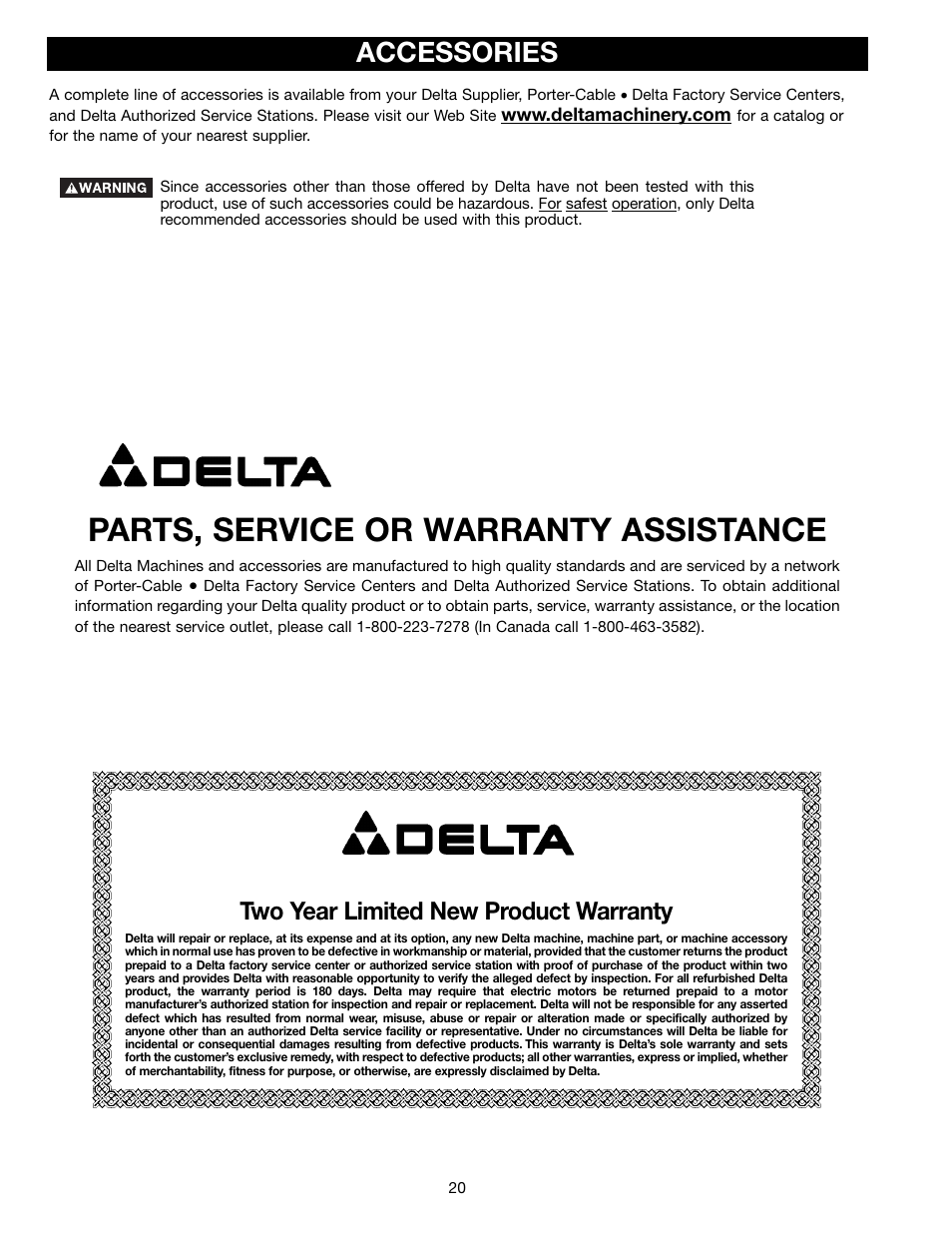 Parts, service or warranty assistance, Accessories, Two year limited new product warranty | Delta DP400 User Manual | Page 20 / 21