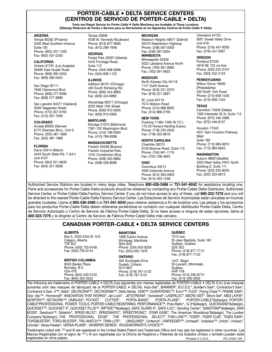 Porter-cable, Delta), Canadian porter-cable | Delta service centers | Delta DP400 User Manual | Page 21 / 21