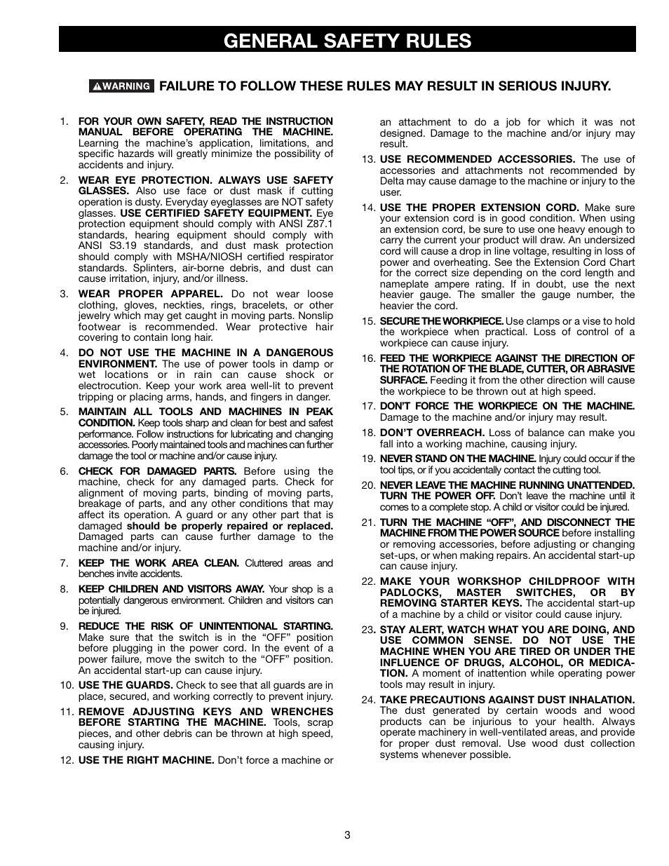 General safety rules | Delta DP400 User Manual | Page 3 / 21