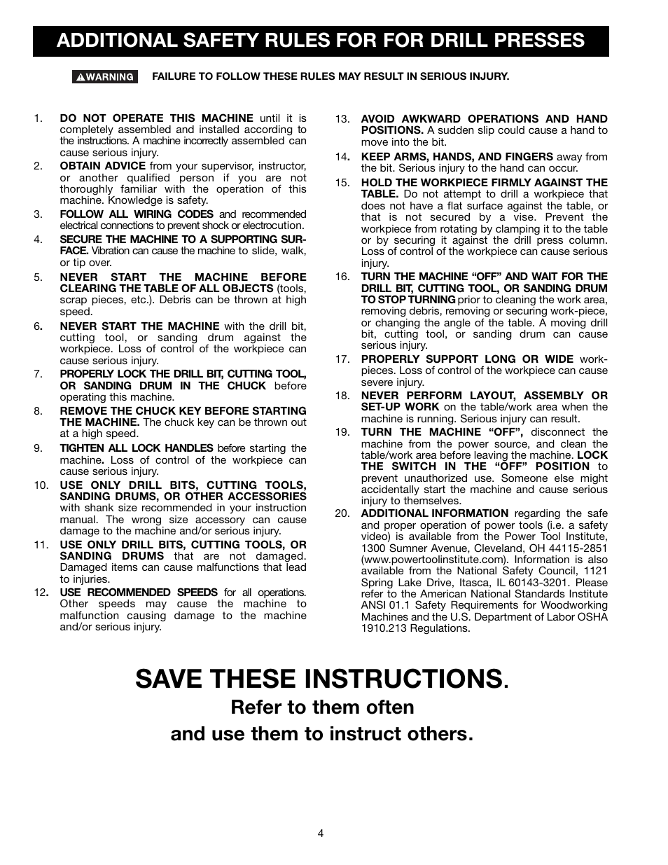 Save these instructions, Additional safety rules for for drill presses | Delta DP400 User Manual | Page 4 / 21