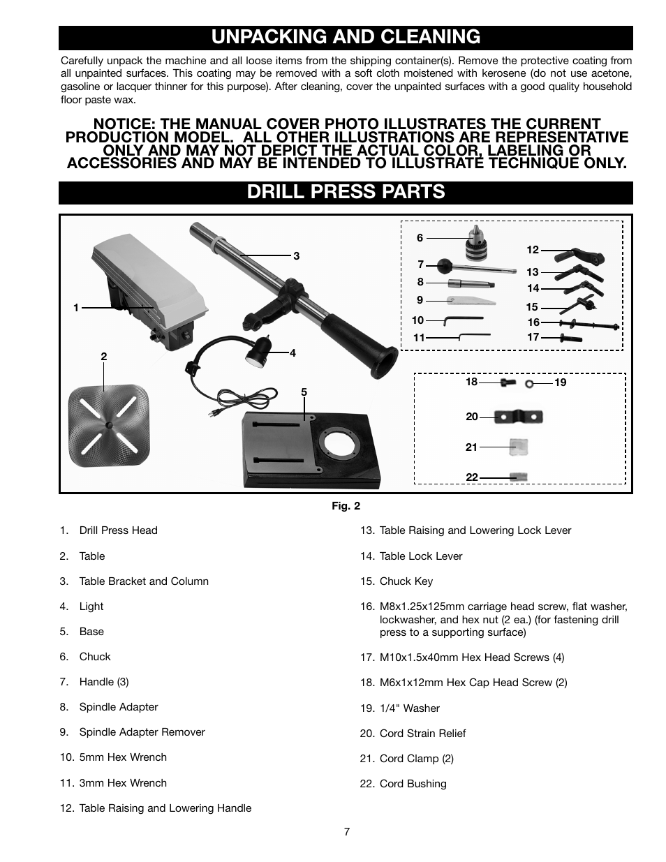 Unpacking and cleaning, Drill press parts | Delta DP400 User Manual | Page 7 / 21