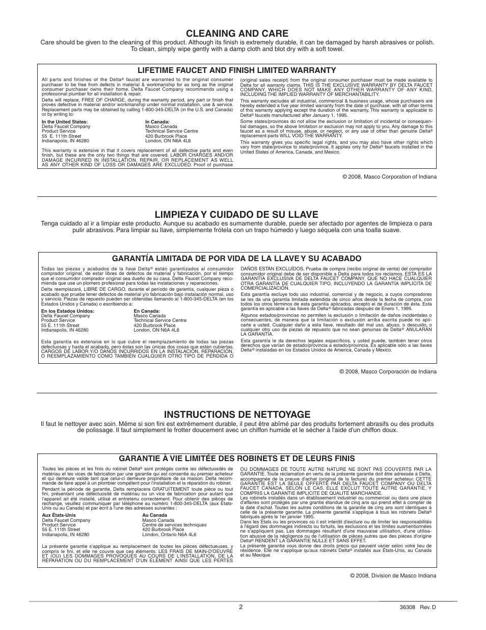 Cleaning and care, Instructions de nettoyage, Limpieza y cuidado de su llave | Lifetime faucet and finish limited warranty | Delta 155 Series User Manual | Page 2 / 8