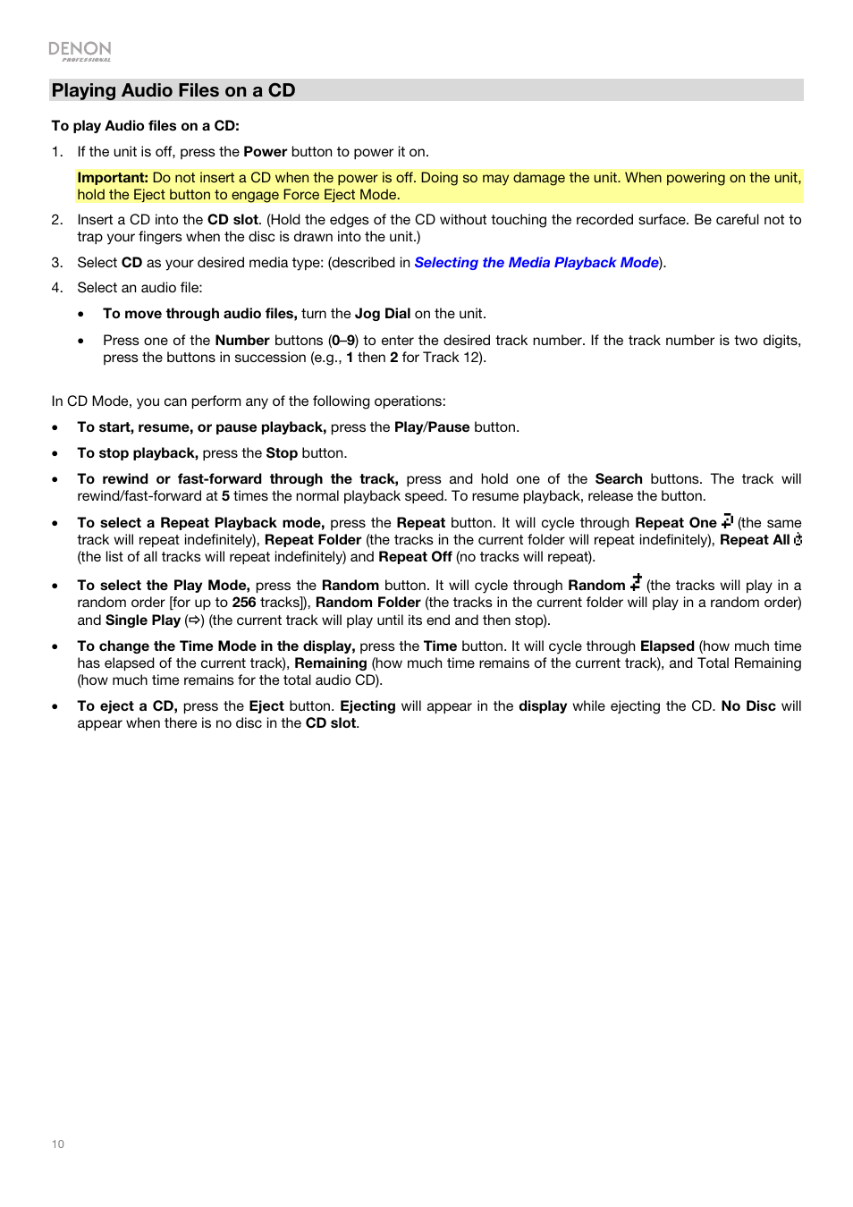 Playing audio files on a cd | Denon DN-500CB CD/USB/Bluetooth Player with Remote User Manual | Page 10 / 72